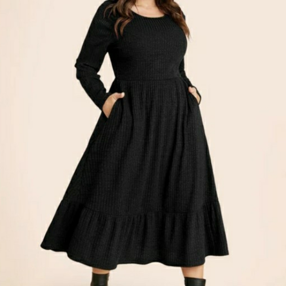 Solid Pocket Rib Knit Ruffle Hem Dress Without Belt black with pockets